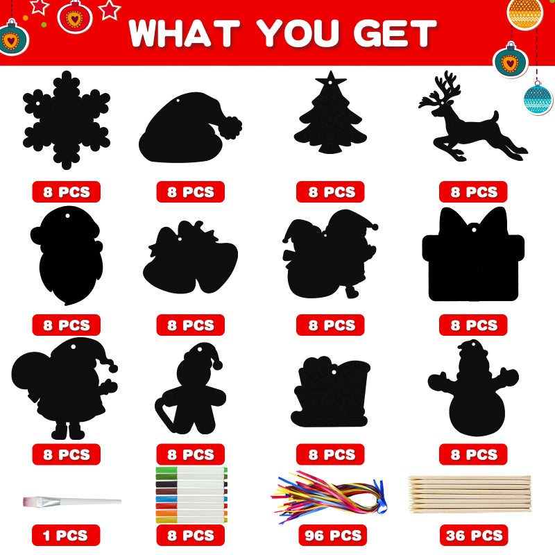 Max Fun Christmas Crafts Scratch Art for Kids, 96PCS Ornaments Rainbow Magic Color Scratch Off Cards Paper Hanging Art Craft Supplies Educational Toys Kit for Kid Party Favor - Image 2